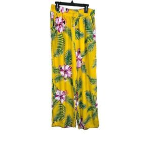 Indero Womens Yellow Tropical Hibiscus High Waist Wide Leg Hawaiian Pants Large